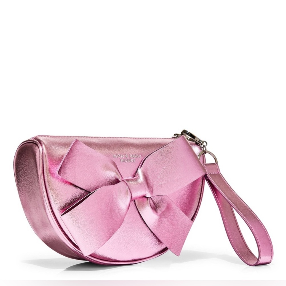 Bath & Body Works Metallic Pink Bow Wristlet / Cosmetic Bag / Clutch NWOT